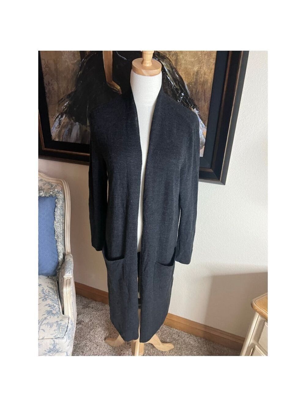 Women's Eileen Fisher Charcoal Merino Wool Long Cardigan M